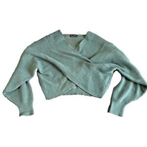 Womens Teal Green Ribbed Wrap Cropped V Neck Long sleeve Sweater Size L